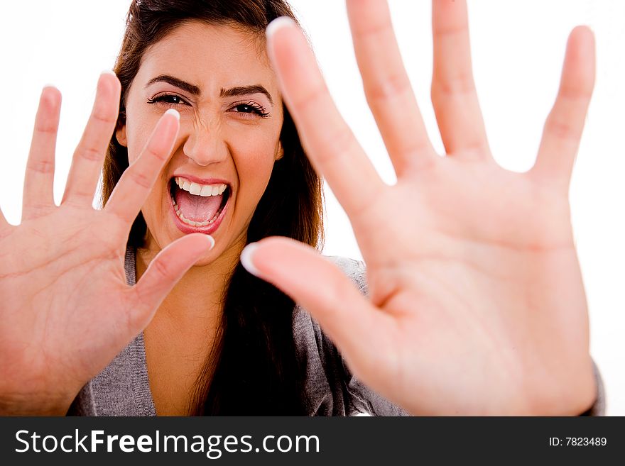 Portrait of smiling woman showing palms against white background. Portrait of smiling woman showing palms against white background