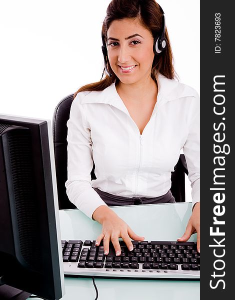 Front view of young telecaller in office with white background