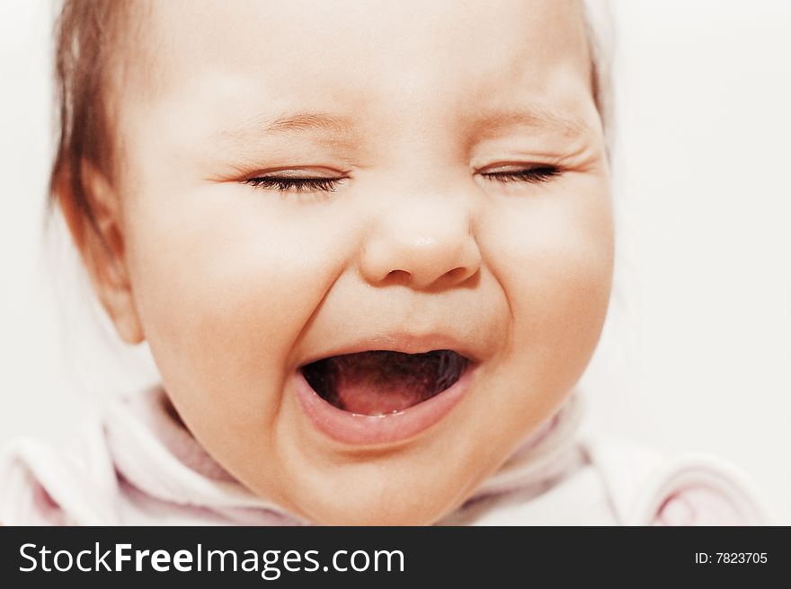 Small pretty crying baby on white background. Small pretty crying baby on white background