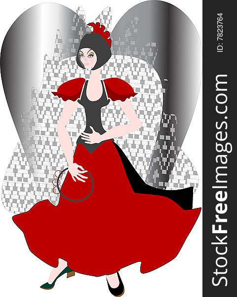 Gypsy woman in red dress. Vector illustration.