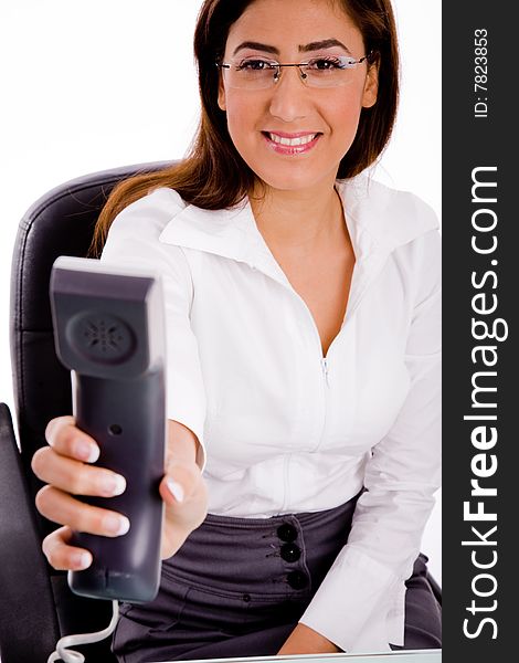 Front view of young executive offering call with white background