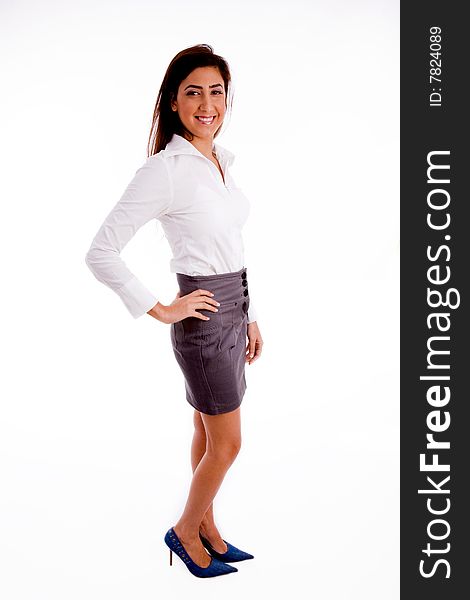 Side pose of young businesswoman on an isolated background