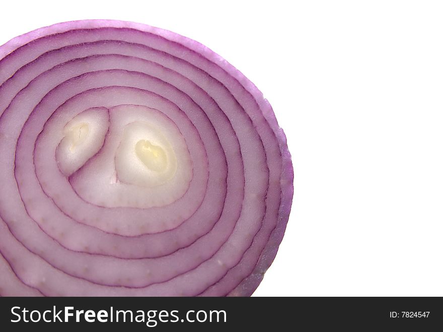 Close up on a red onion with a white background.