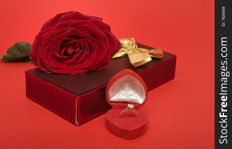 Valentine's Day symbols, rose, ring and gift