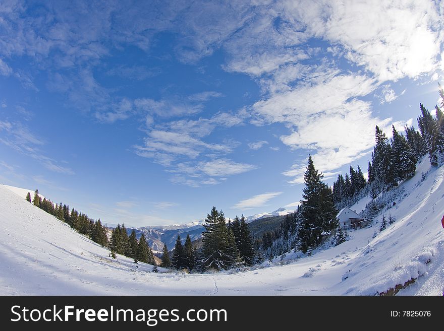 Winter landscape, mountains and trees