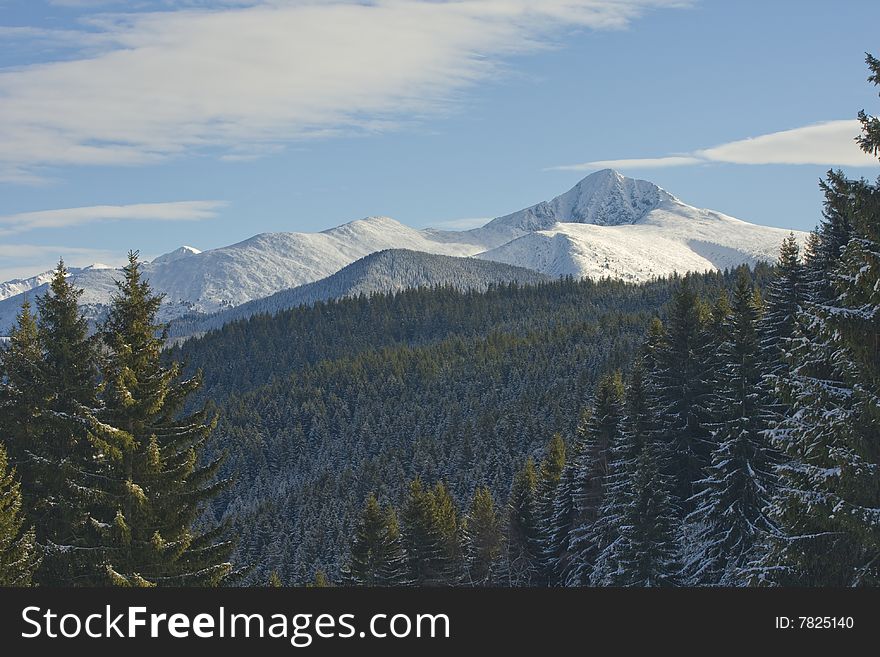 Winter landscape, mountains and trees