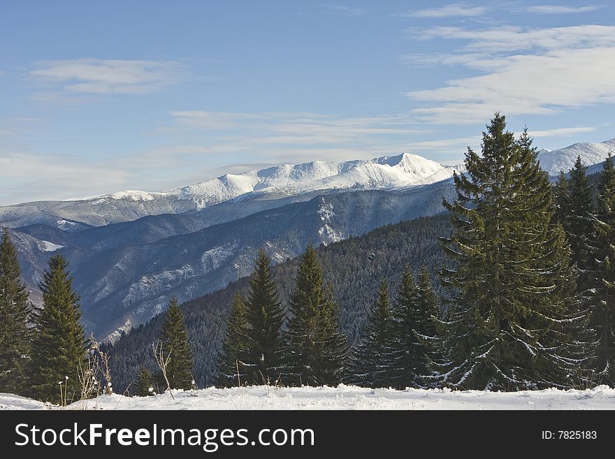 Winter landscape, mountains and trees