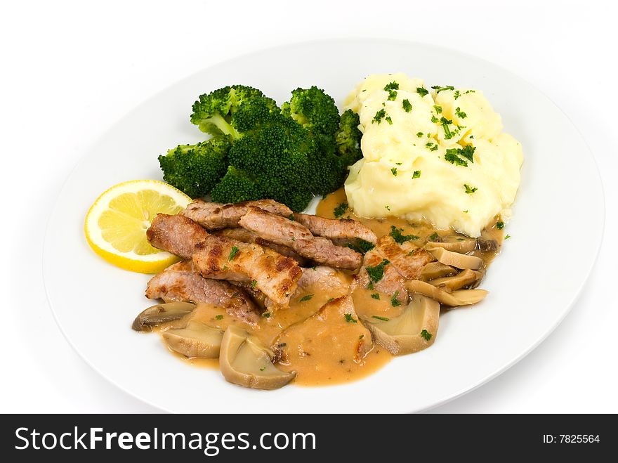 A Grilled Top Sirloin Steak Of Pork.. Chopped,with Broccoli And Fresh Mashed Potatoes.