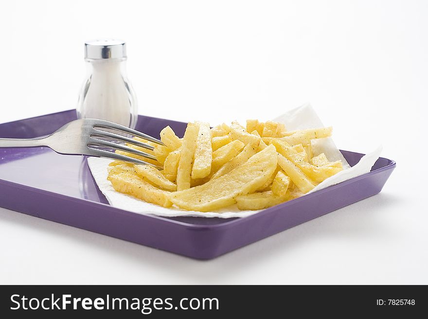 Bowl of homemade chips isolation on a white background