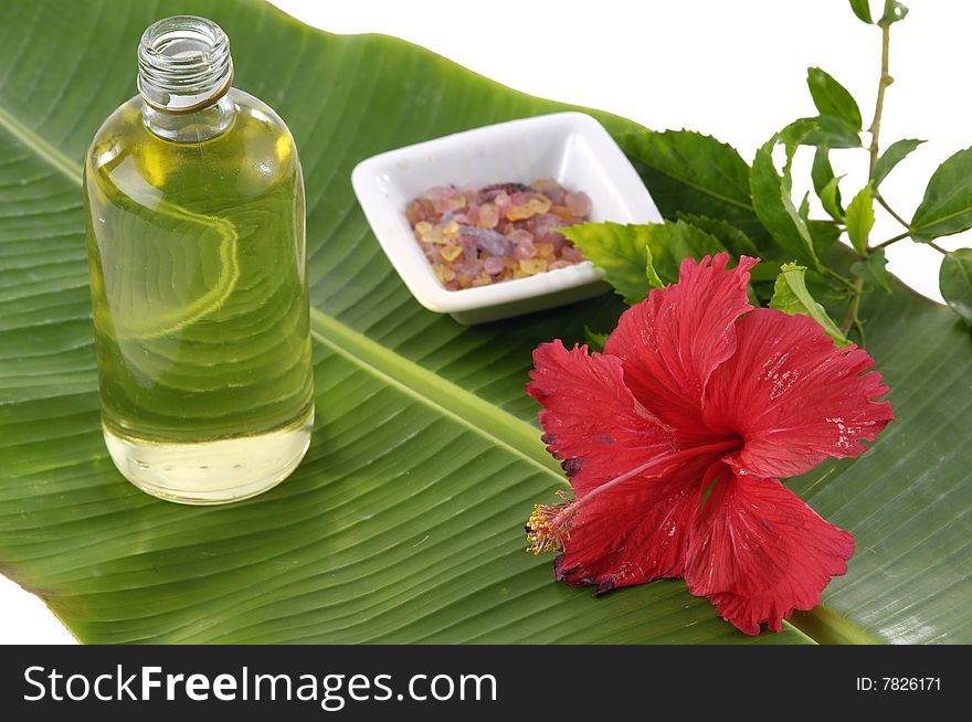 Bath accessories with leaf on the mat. Bath accessories with leaf on the mat