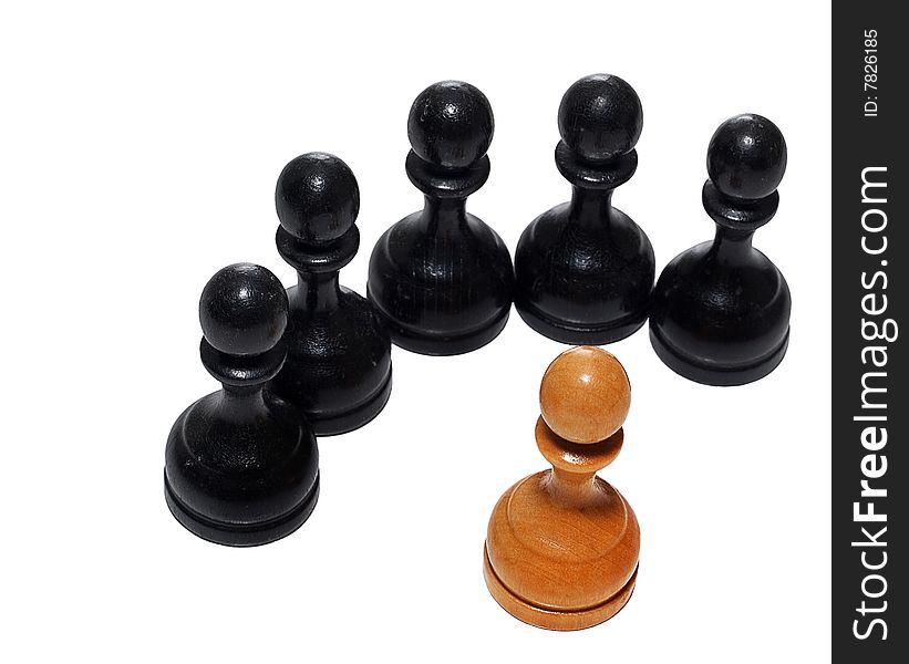 Superiority concept. Chess figures bishops. Isolated on a white background. Studio work.