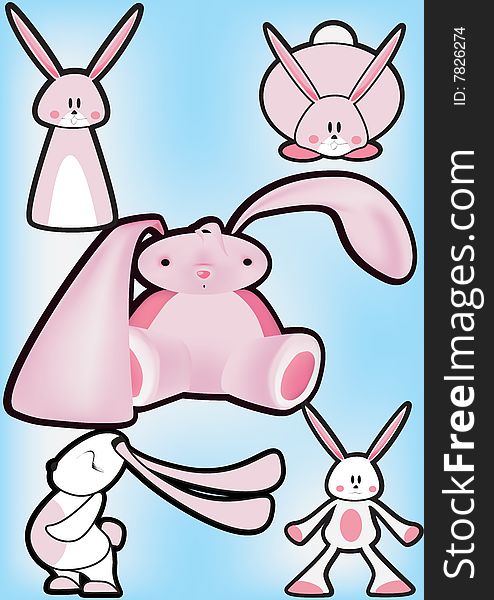 Five pink cute bunnies set