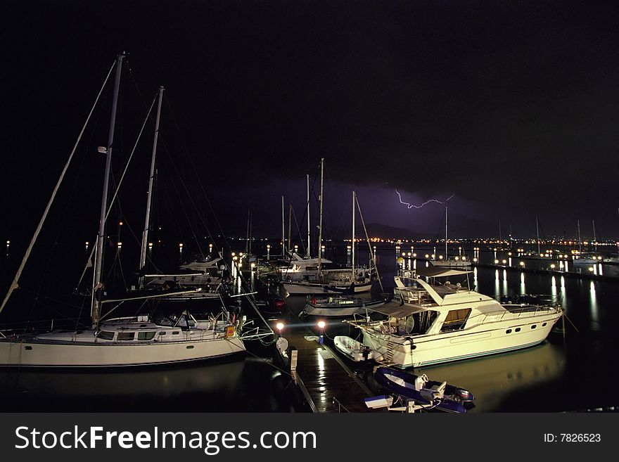 Flash at night storm in mediteranian yacht-club. Flash at night storm in mediteranian yacht-club