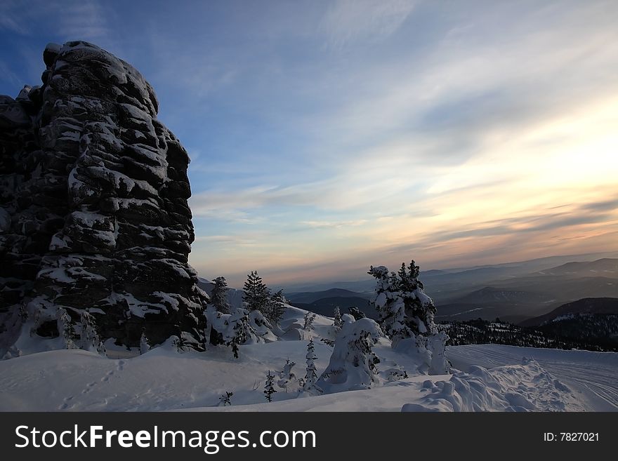 Sunset is in mountains. Mountain Shoriya. Sheregesh. Russia.