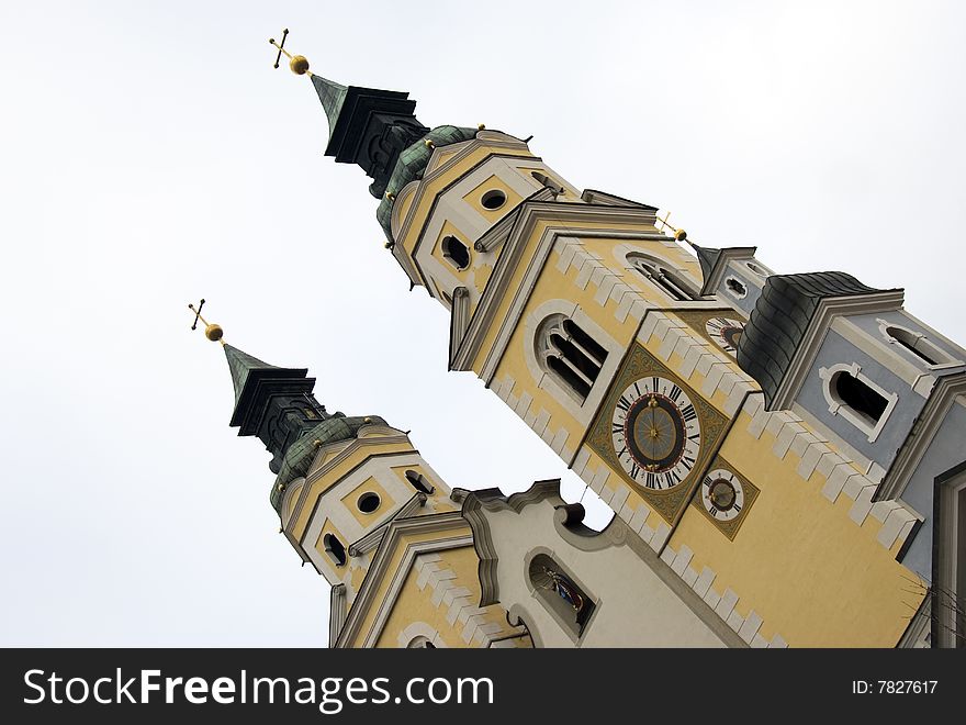 The two belltowers of the cathedral in Bressanone. The two belltowers of the cathedral in Bressanone