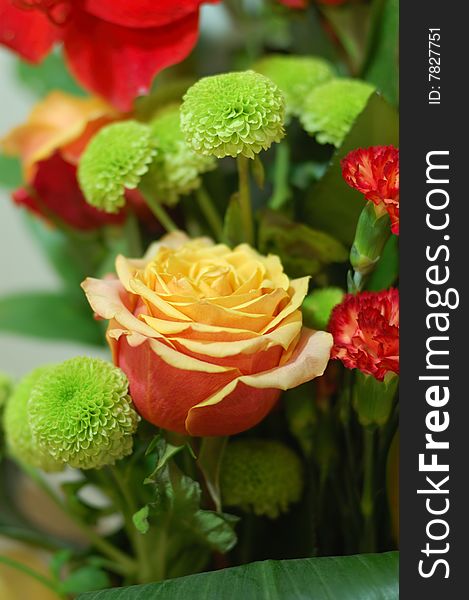 Colourfull Bouquet With Yellow-pink Rose On Focus