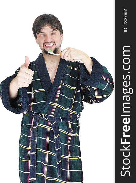 Happy man with toothbrush on isolated background