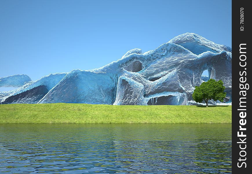 3d landscape with summer sky and the iceberg