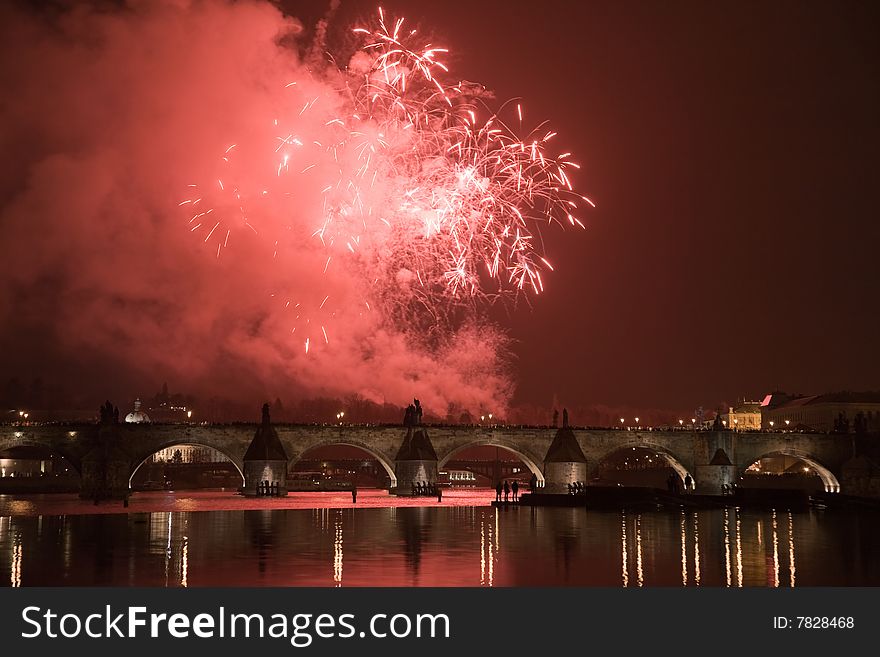 Festive New Year 2008 fireworks in Prague above Charles bridge.