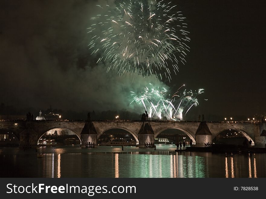 Festive New Year 2008 fireworks in Prague above Charles bridge.