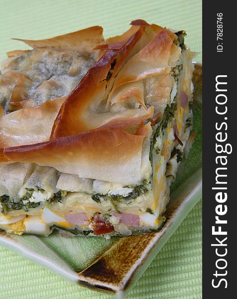 Baked Pie With Ham, Spinach And Boiled Eggs