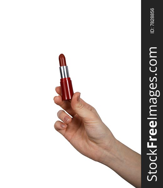 Hand with lipstick on the isolated