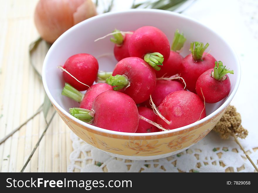 Some fresh red radish in a bowl