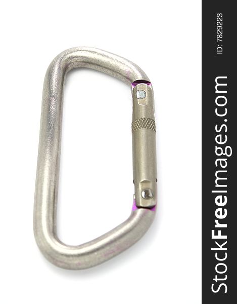 Aluminium alpinist carabiner isolated on white background. Aluminium alpinist carabiner isolated on white background