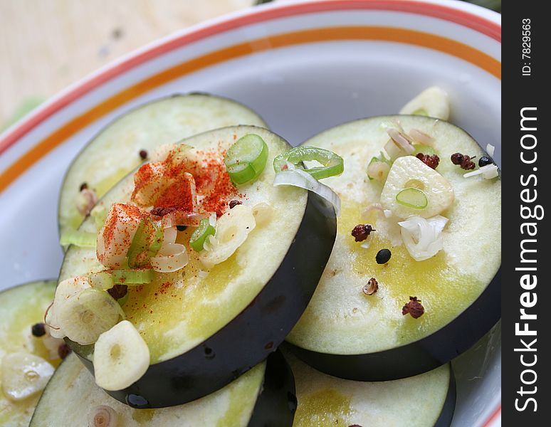 Fresh aubergines with spring onions and garlic. Fresh aubergines with spring onions and garlic