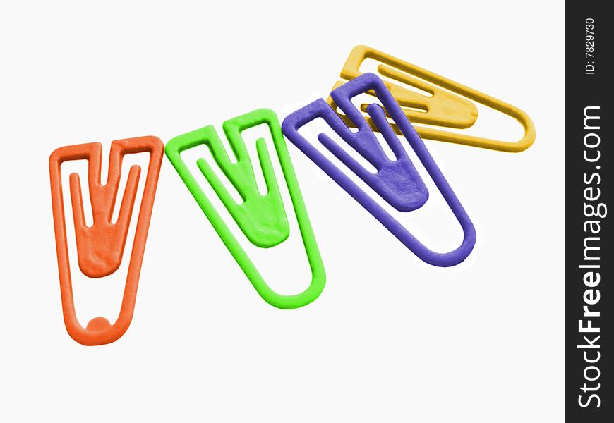 Plastic color paperclips on a white background isolated