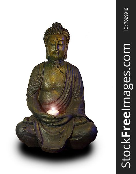 Isolated portrait of bronze buddha enlighted with candle. Isolated portrait of bronze buddha enlighted with candle