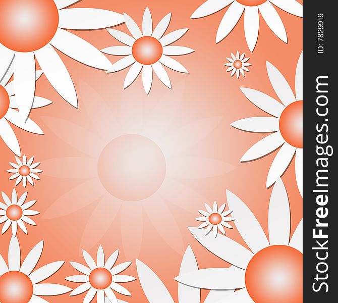 An orange background, template or texture of white daisies. An orange background, template or texture of white daisies