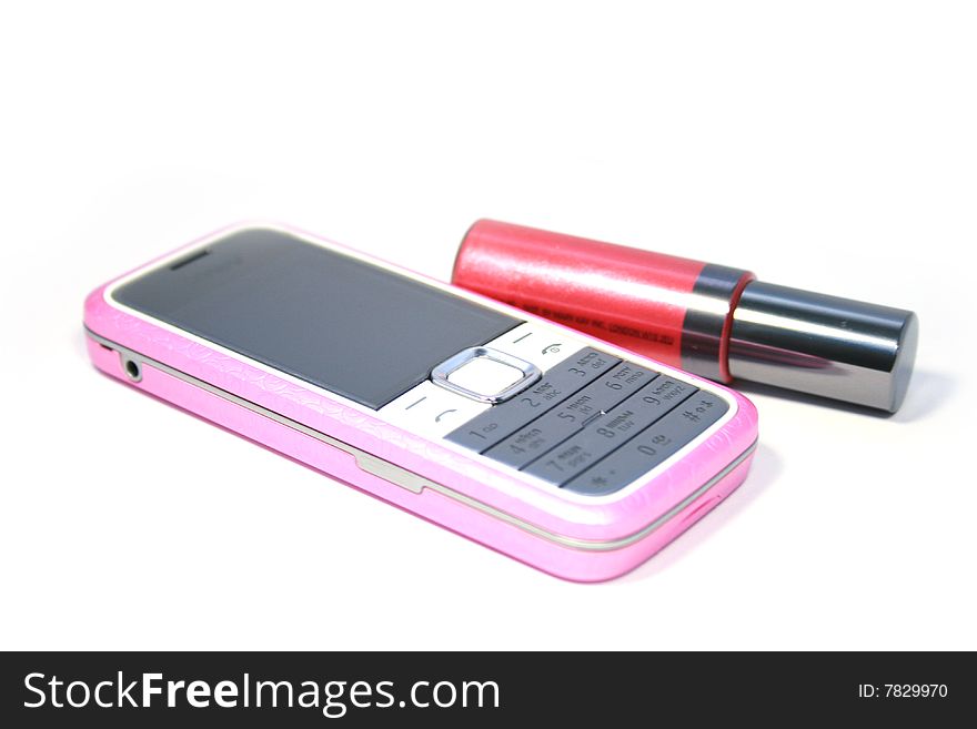 Womanish  mobile phone and  lipstick