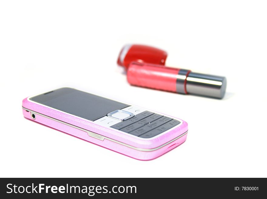 Womanish  mobile phone and  lipstick and  nail polish