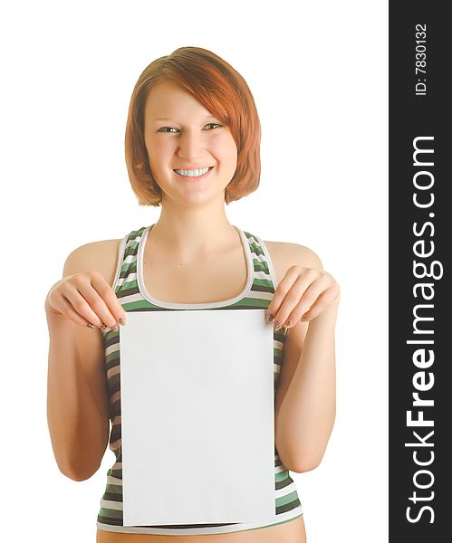 Young girl with the sheet of white paper. Young girl with the sheet of white paper