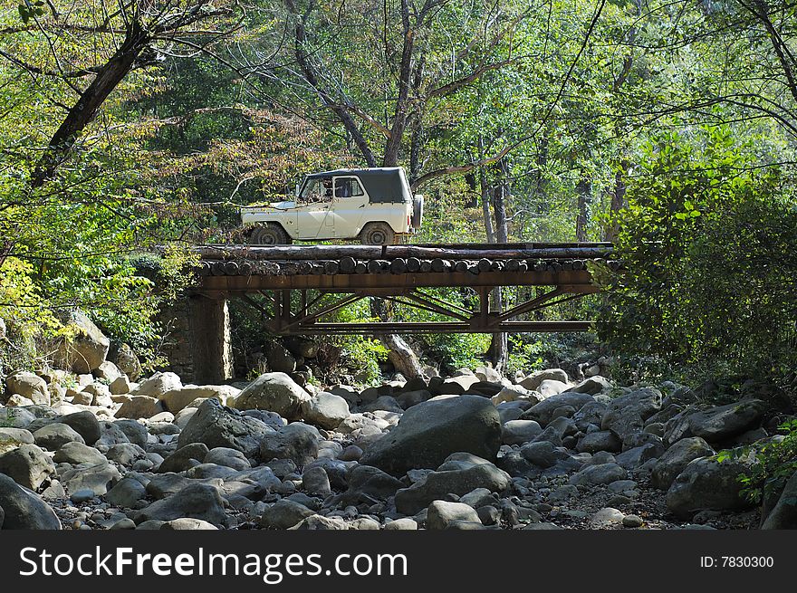Car crossing the bridge in the summer forest. Car crossing the bridge in the summer forest.