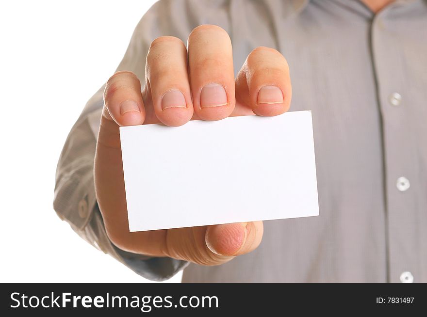 Business man holding visiting card with space for text