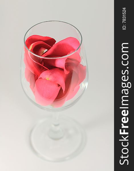 Valentines wine glass filled with rose petals