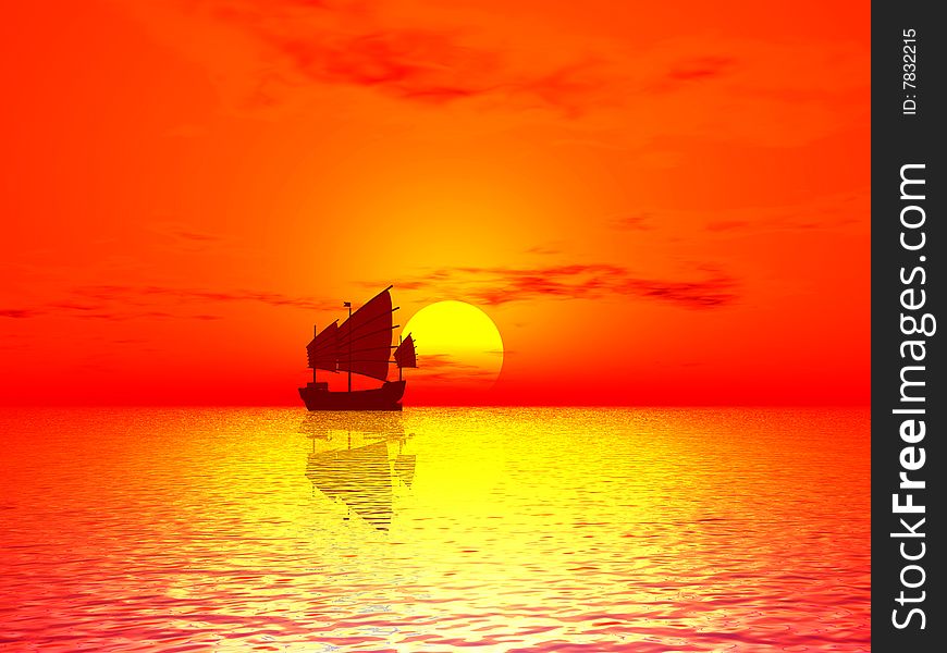 Red Sunset & boat in the sky