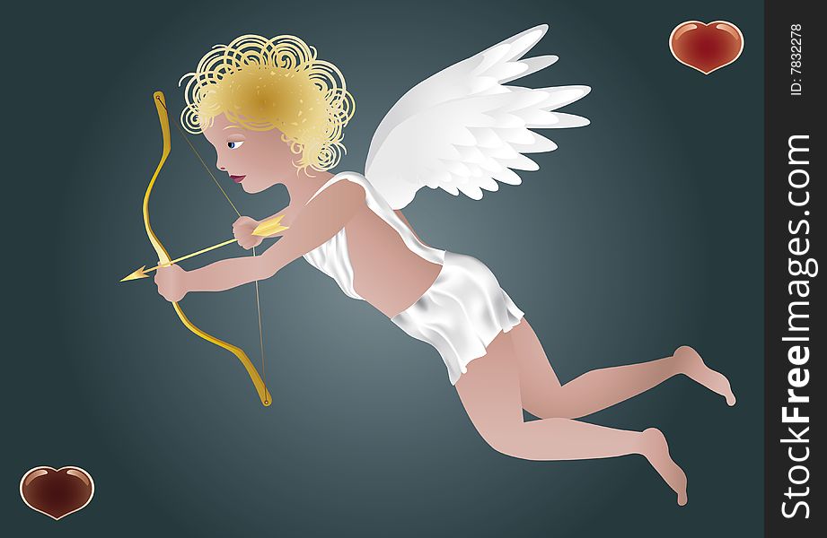 Flying cupid with a bow, the dark blue background, with small heart in the corners of the image; vector illustration