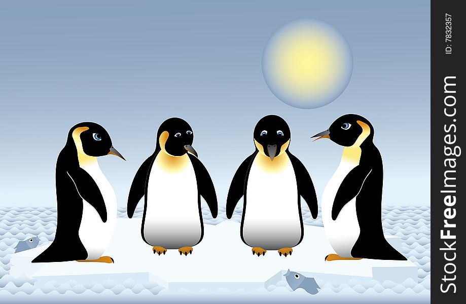 Penguins sailing on the sea on ice floe; vector illustration; vector illustration