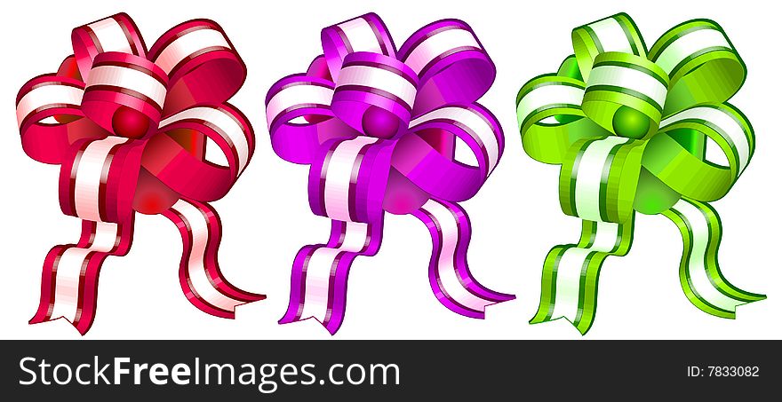Different color bows on white background, gift tape, isolated object, vector illustration