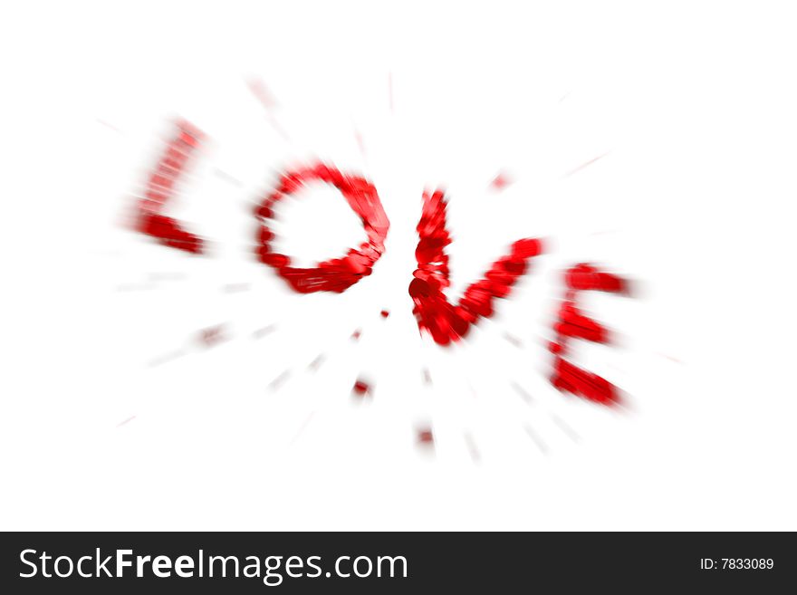 The word love made from red heart confetti on a white background and zoom in with shutter open