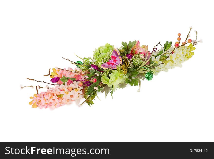 Photo of bouquet of artificial flowers isolated on white background