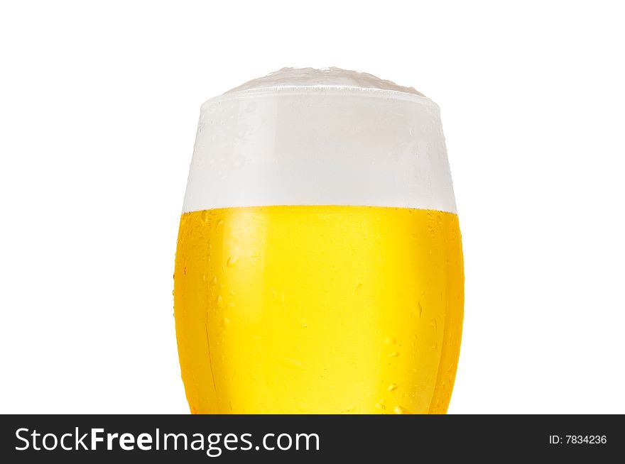 Detail of glass of cold beer with water drops isolated on white background. Detail of glass of cold beer with water drops isolated on white background