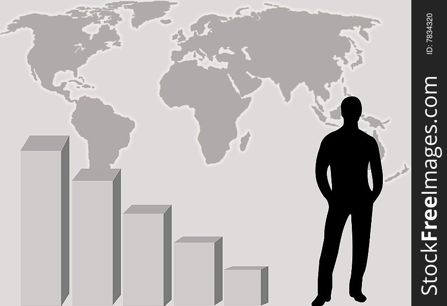 World map, graphic and businessman to represent business concept