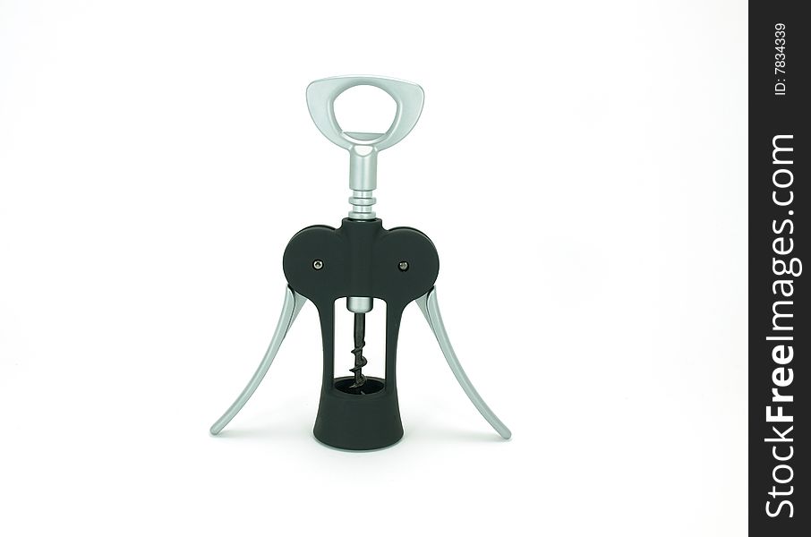 A black and chrome modern cork screw on white background.