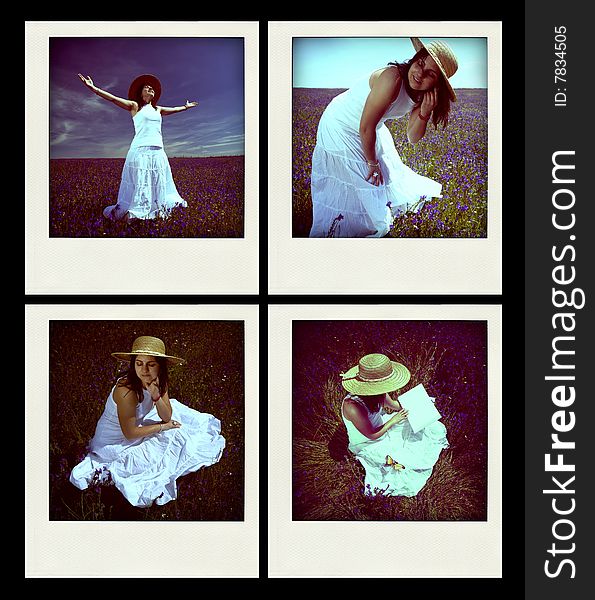 Set of four instant photos with young girl outdoors - Exposure and white balance are intencionally off