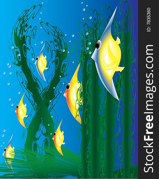 Tropical fish are featured in an undersea cartoon illustration. Tropical fish are featured in an undersea cartoon illustration.