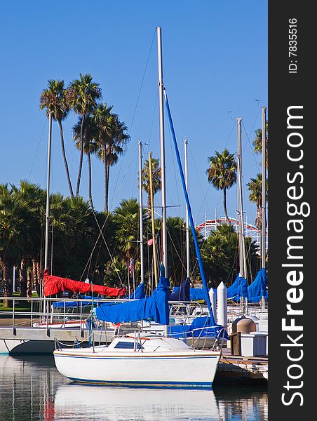 A Sailboat docked in a Marina on a sunny day